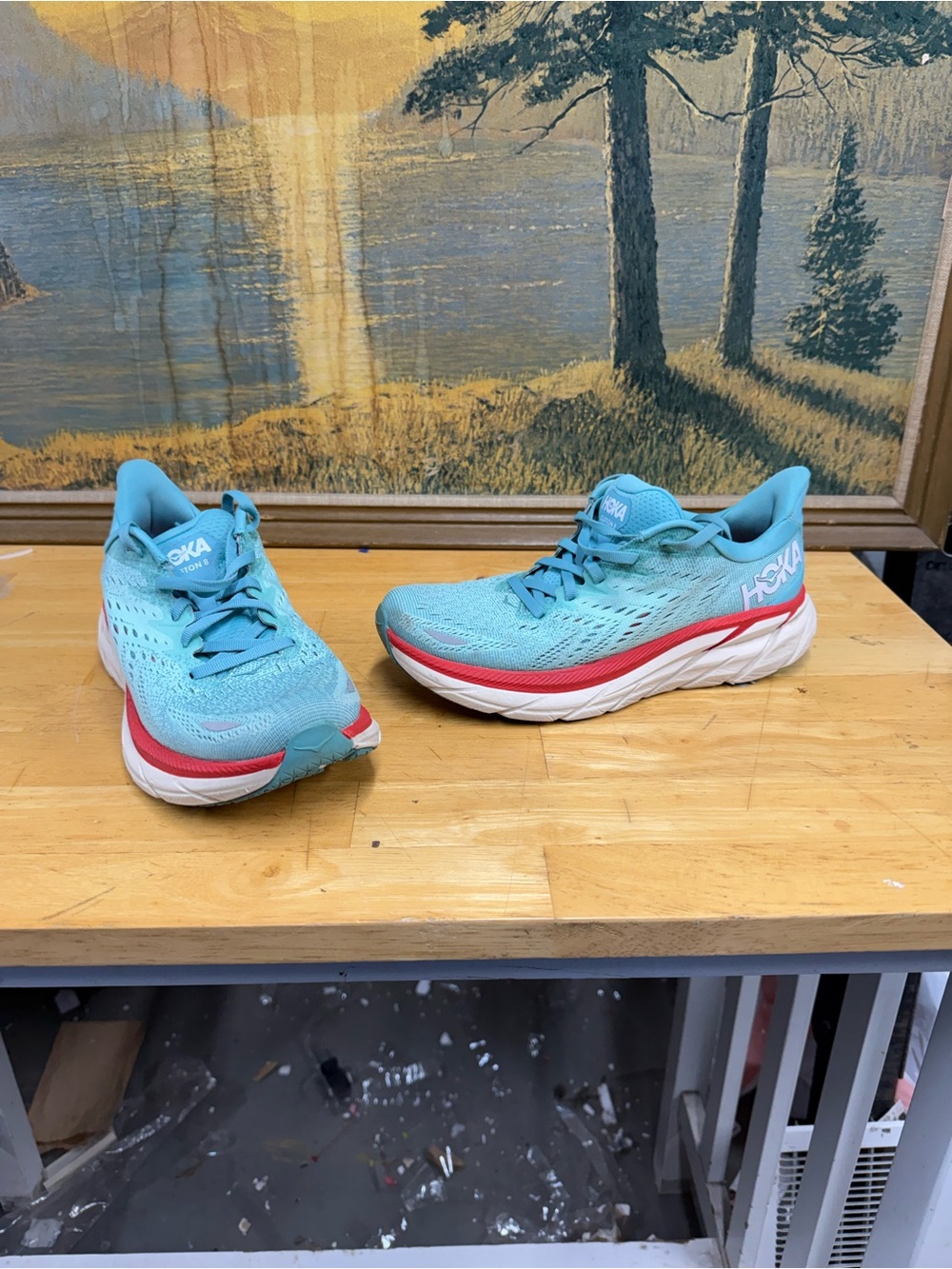 Hoka One One Clifton 8 Women's Running Shoes Teal with Pink Accent, size 7B